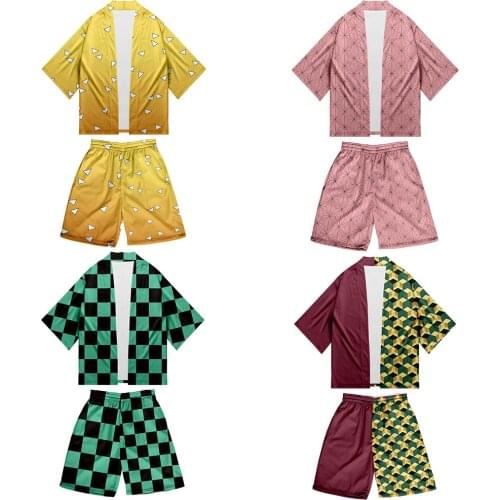 Anime Demon Slayer/Kimetsu No Yaiba Kamado Tanjirou Nezuko Agatsuma Zenitsu Cosplay Costume Kimono Tops Shorts Jackets Sets