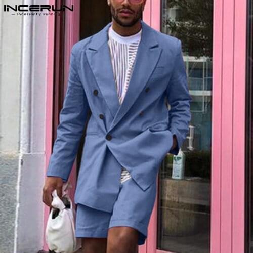 INCERUN Fashion Men Sets Solid Color Streetwear Lapel Double Breasted Blazer & Button Shorts Elegant 2021 Men Casual Suits 5XL 7
