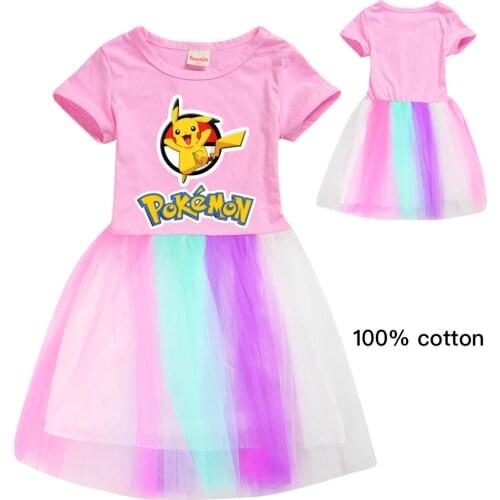 Pokemon Go Anime Summer Baby Girls Dress Fashion Pikachu Printed Mesh Party Dress Girls Costume Cute Little Girls Clothing