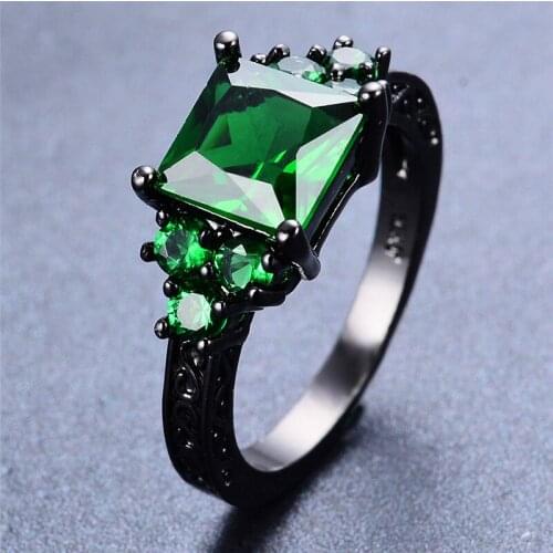 Cute Female Green Stone Ring Vintage 14K Black Gold Wedding Rings For Women Promise Love Square Engagement Ring