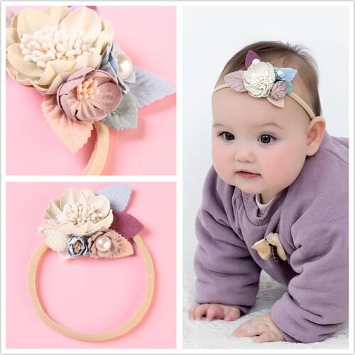 3pcs/lot Fashion Florals Nylon Headband Newborn Baby Elastic Hairbands Girls Pearl Flower Headwear Baby Girl Hair Accessories