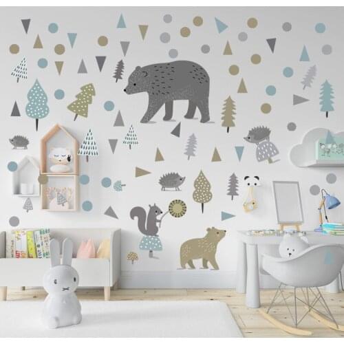 Nordic Wall Stickers for Kids Room Bedroom Living Room Decoration Kindergarten Self-adhesive Bear Forest Room Decor Mural