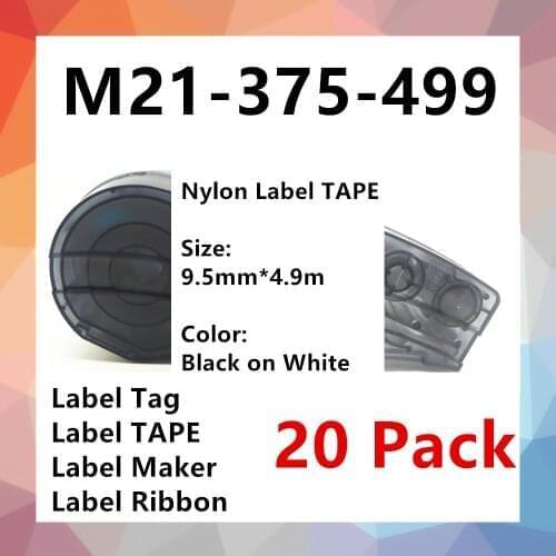 20 PK BMP21 Nylon Label Tag TAPE Ribbon M21 375 499 For BMP21 PLUS Printer Black On White label maker label tape 9.5mm * 4.9m