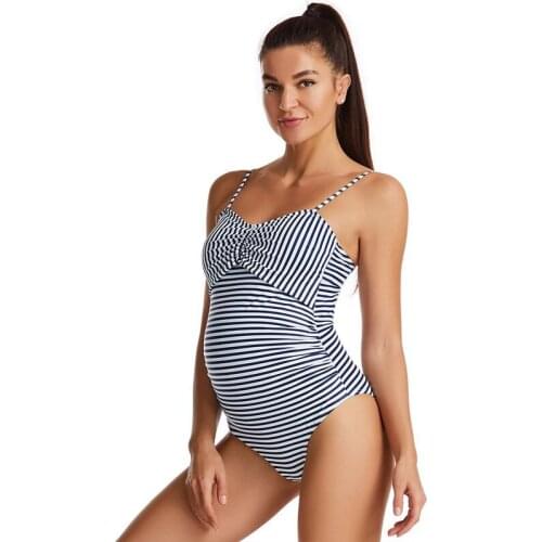 New 2021 Large Size One Piece Swimsuits For Women Pleated Pregnant Swimwear Sexy Backless Striped Maternity Swimwear With Padded