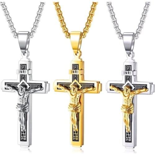 Catholic Jesus Christ On INRI Cross Crucifix Necklace Gold Silver Color Stainless Steel Necklace Catholic Jewelry Dropship