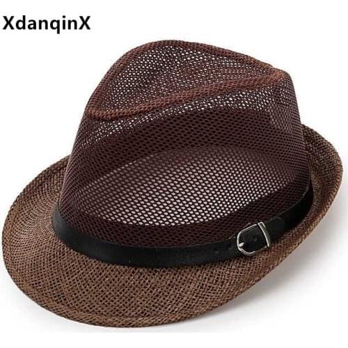 XdanqinX Summer Mens Panama Hat Hollow Mesh Breathable Fedora Straw Hat Simple Trend Jazz Hat Ventilated Travel Cap Fishing Cap