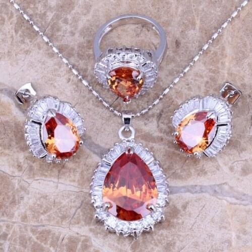 Champagne Morganite White CZ Silver Plated Jewelry Sets Earrings Pendant Ring Size 6 / 7 / 8 / 9 / 10 S0103