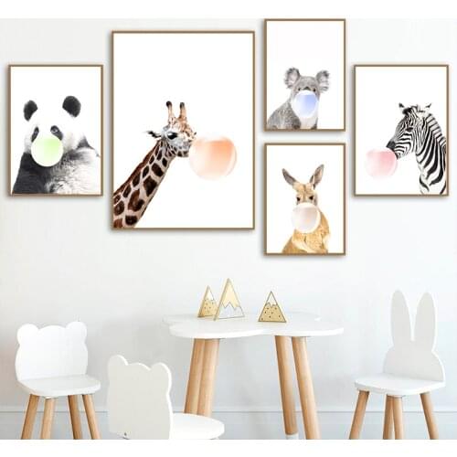 Pink Blue Bubble Zebra Panda Giraffe Poster Print Animal Nursery Wall Canvas Painting Child Picture Nordic Kids Baby Room Decor