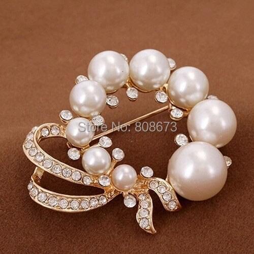 Retail!! New!Hot Selling Elegant Gold Flower Pearl Brooch Wedding Bridal Bouquet Broaches Women Clothes Collar Pins