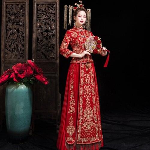 Vintage Embroidery Phoenix Bride Costume Chinese Traditional Classic Wedding Dress Cheongsam China Qipao костюм для восточных