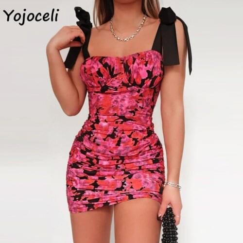 Yojoceli sexy party club floral print dress women bow mini dress female vestidos