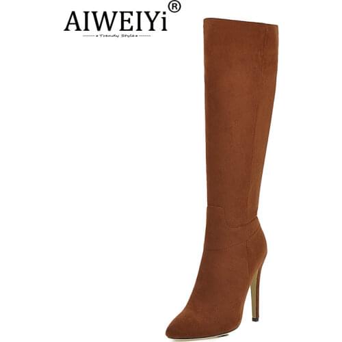 AIWEIYi High Heel Knee High Boots Women Thigh High Boots Ladies Winter Shoes Woman Genuine Stretch Fabric Long Boots