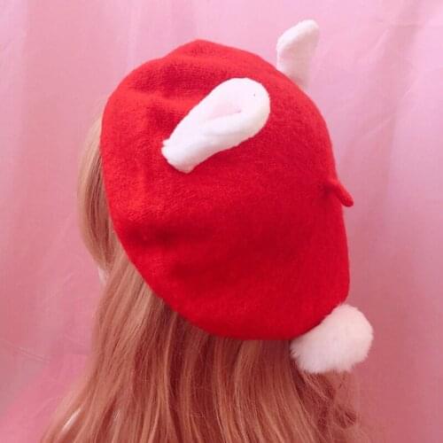 Winter Hat for Women Japanese Style Love Rabbit Ears Beret Hats Wool Painter Caps 2018 New Fashion Solid Color Pom Pom Hat
