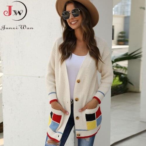 Women Fashion Long Sleeve Loose Cardigan Autumn Winter V Neck Knitted Sweater Single Breasted Pocket Coat Pull Tops