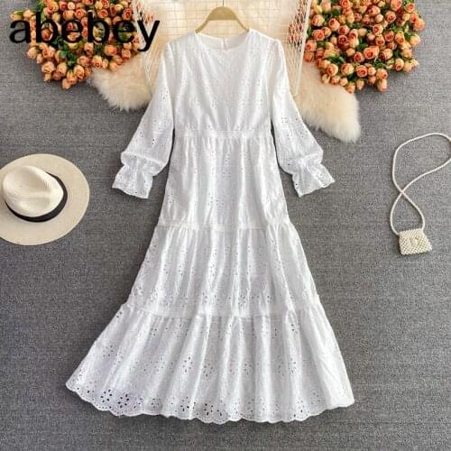 2021 New Spring Autumn French O-neck long sleeve Dress hollow out embroidery patchwork high waist loose long A-line Dress