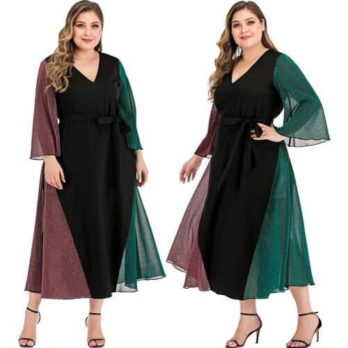 Women Long Sleeve Maxi Dress Dubai Abaya Muslim V-neck Kaftan Loose Party Gown Islamic Clothing Arab Robe Jilbab Caftan Plus Siz