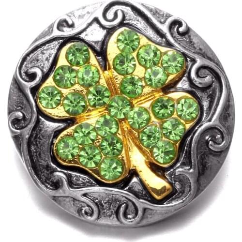 Gold Green Rhinestone Lucky Clover Shape Metal Charms 18mm Snap Button Jewelry For Snap Bracelet Snaps Jewelry KZ0593