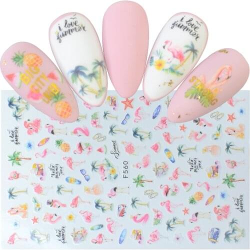 1PC DIY Nail Sticker Green Coconut Tree Flamingo Pineapple Design 3D Self Adhesive Embossed Decals Nail Art Foil Decoration