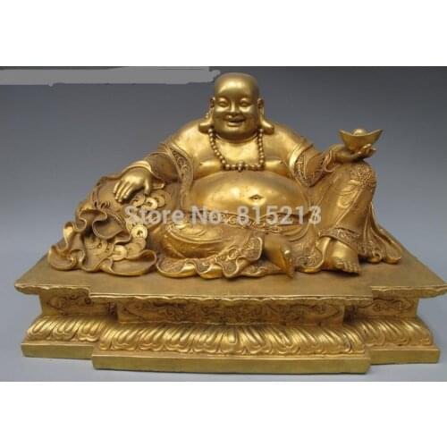 Bi0011596 China 100% pure Bronze 24K Gold Gilt Happy Lucky Wealth Maitreya Buddha Statue