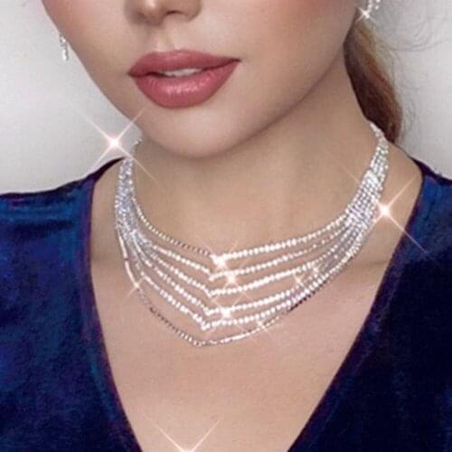 Shiny Rhinestone Multilayer Choker Necklace Clavicle Chain Jewelry for Women Luxury Crystal Short Collar Necklace Accessories