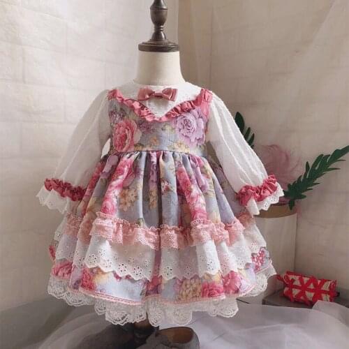 Autumn Spanish Lolita Girls Dress Birthday Party Long Sleeve Print Kids Dress Lace Spliced Bow Tie Children Kids Vestidos 12M-6T
