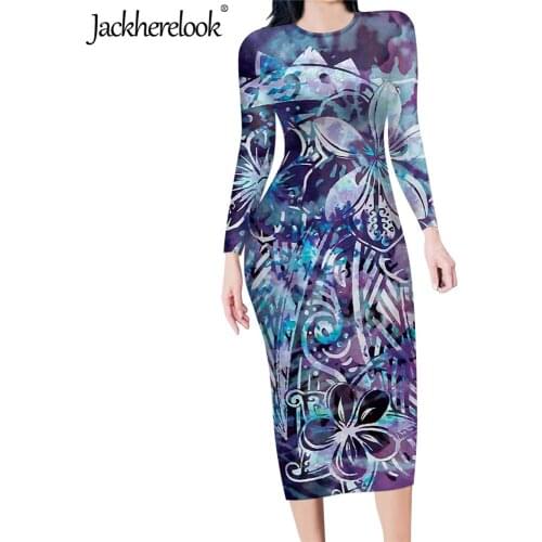 Jackherelook Women Long Sleeves Sexy Bodycon Pencil Dress Hawaii Hibiscus Flower Print Office Ladies Slim Dresses Vestidos Mujer