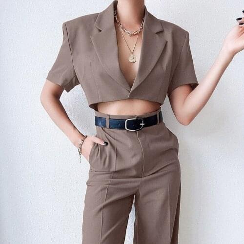 BoozRey Suit with Longs for Women Summer New Small Suit Two-piece Short-sleeved Temperament Commuter Brown Wide-leg Pants Suit