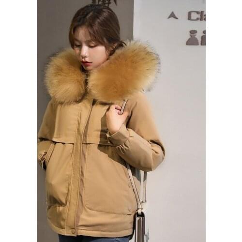 Nice Korean Style Solid Woman Short Jacket Wool Liner Female Coats Hooded with Fur Plus Size Big Pockets Ladies Parkas for Women