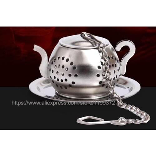 50pcs 304 Stainless Steel Round Teapot Shape Loose Leaf Herb Tea Pot Infuser Strainer Filter with a tray