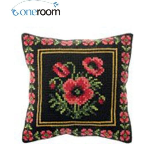 N3th CX0189 Red Poppy DIY Acrylic Yarn Embroidery Pillow Tapestry Canvas Cushion Front Cross Stitch Pillowcase
