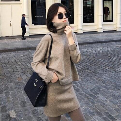 New Korean Chic Knitted Turtleneck Sweater Mini Skirt 2 Piece Set Women Long Sleeve Pullovers Runway Wool Suit Female Solid