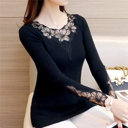 Autumn Winter New Elastic Knitted Women Clothing Sexy Lace Embroidery Slim Sweaters and Pullovers Low Neck Basic Knitwear