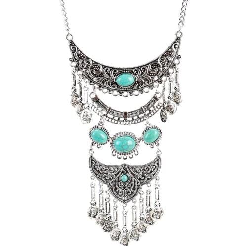 New European And American Exaggerated Big Brand Turquoise Alloy Tassel Multi-Layer Necklace Bohemian Coin Necklace