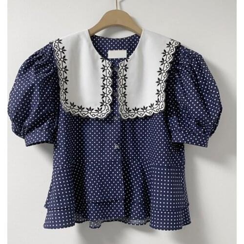 PERHAPS U Women Girls Slim Fit Embroidered Square Collar Turn-Down Collar Polka Dot Shirt Short Puff Sleeve Shirt B3065