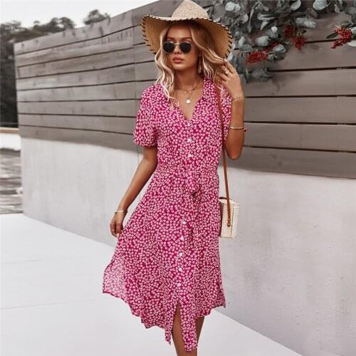 Summer Womens Floral Dresses Casual V-neck Printed Short Sleeveless Lace Up Button Midi Dress Holiday Fashion Clothes 2021