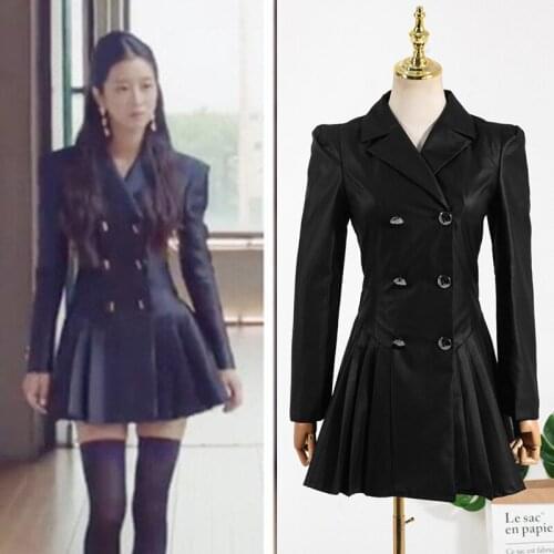 Kpop Seo Yea Ji same new black double breasted suit collar Pleated Dress women korean Streetwear sexy long sleeved mini dresses