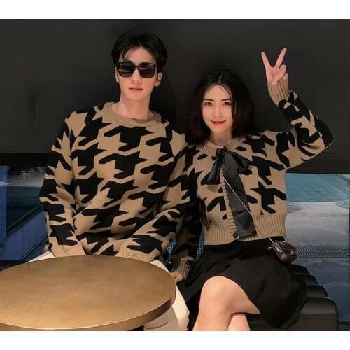Couple spring and autumn new temperament round neck pullover sweater loose knit top female trendy home