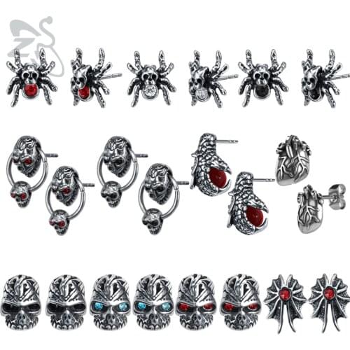ZS 2PCS Punk Rock 316L Stainles Stud Earrings for Men Hip Hop Skull Stud Earring Red CZ Stone Gothic Ear Tragus Helix Piercings