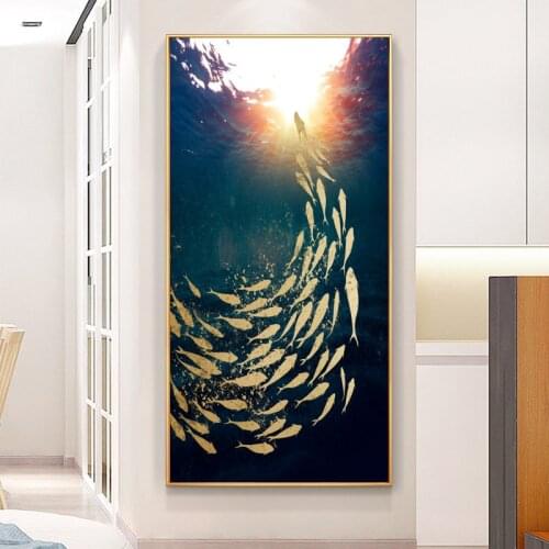 Modern Abstract Gold Koi Fishes Wall Art Canvas Painting Landscape Ocean Posters and Prints Wall Pictures for Living Room Decor