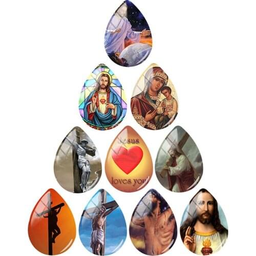 TAFREE Jesus christian virgin mary cross 18x25mm Handmade Drop Shape Glass Cabochon Flat Back DIY Necklace ys115