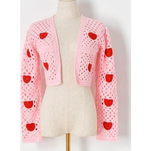 Hand Hook Hollow Heart V-Neck Long-Sleeved Knitted Cute Sweater Small Cardigan Short Coat Top High Quality Women Clothes 2021