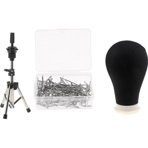 High Quality Canvas Block Tripod Holder With 22″ Black Doll Head Mannequin Mannikin Head Wig Stand Tripod Hair Weaving Needles