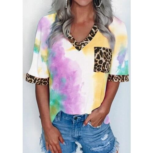 Womens Tie-Dye Printed Rainbow Gradient Leopard Print Short-Sleeved T-Shirt Top Yellow XL Size