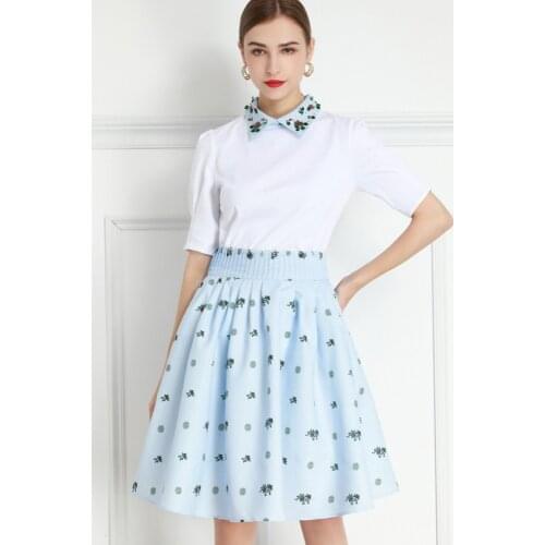High quality womens summer floral skirt and white blouse five-point sleeve shirt with beaded collar blue short skirt womens
