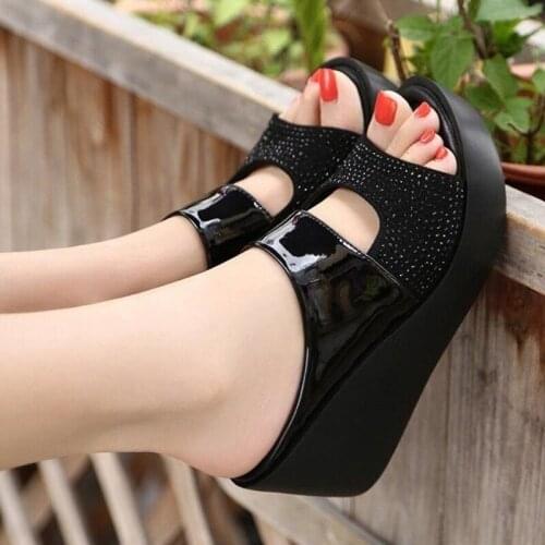 Women Summer Slipper Woman Shoes Ladies PU Leather Rhinestone Wedges Shoes Female Casual Sandals Comfortable Platform Slipper