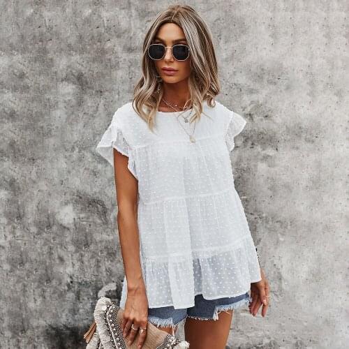 Ladies Solid color Loose Tees Embroidery T-shirts Soft O-Neck Polyester Shirts Butterfly Sleeve New Clothes Fashion Summer Tops