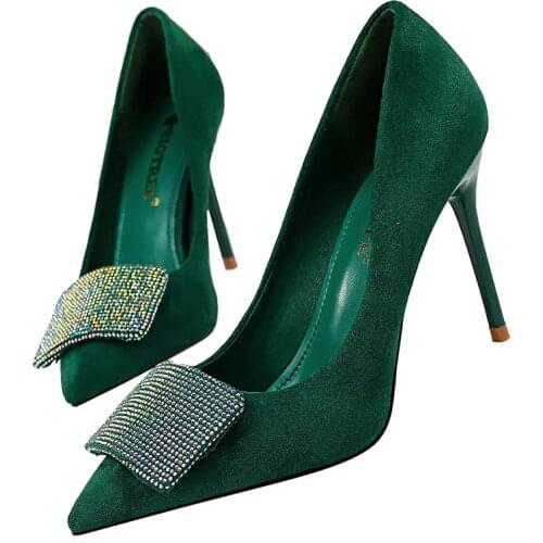 2020 Women 9.5cm High Heels Crystal Glitter Pumps Lady Wedding Green Yellow Blue Heels Female Scarpins Valentine Bridal Shoes