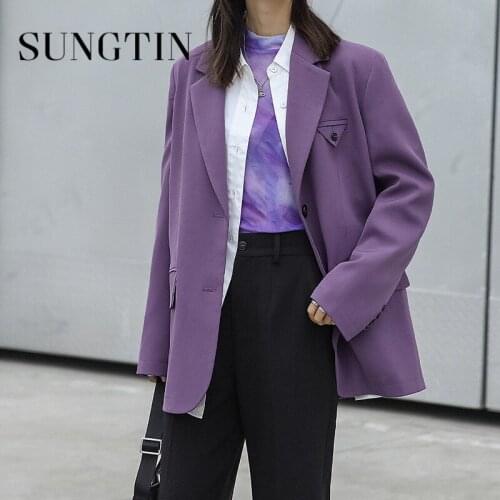 Sungtin Vintage Long Sleeve Loose Blazers for Women Single Breasted Korean Fashion Blazers Femme Black Spring Jacket New 3 Color