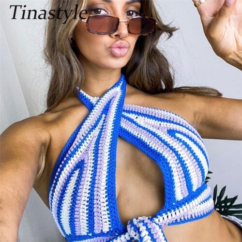 Tinastyle V Neck Bandage Knitted Crop Top Women Sexy 2021 Blue Backless Sleeveless Casual Y2K Off Shoulder Summer Tank Tops