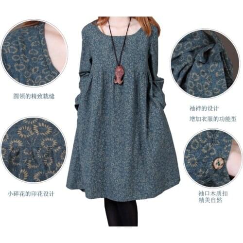 2020New Women Dresses Autumn Winter Vintage Print Casual Long Sleeve Retro Cotton Maxi Robe Tunic Floral Big Plus Size Dress